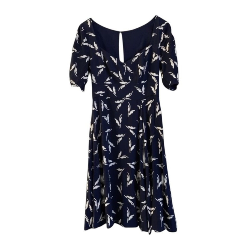 Maeve Anthropologie‎ Navy White Leaf Print Dress Puff Sleeve Size 0